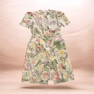 Women's Vintage Damon Petite Button Front Short Sleeve Floral Dress Size 14P